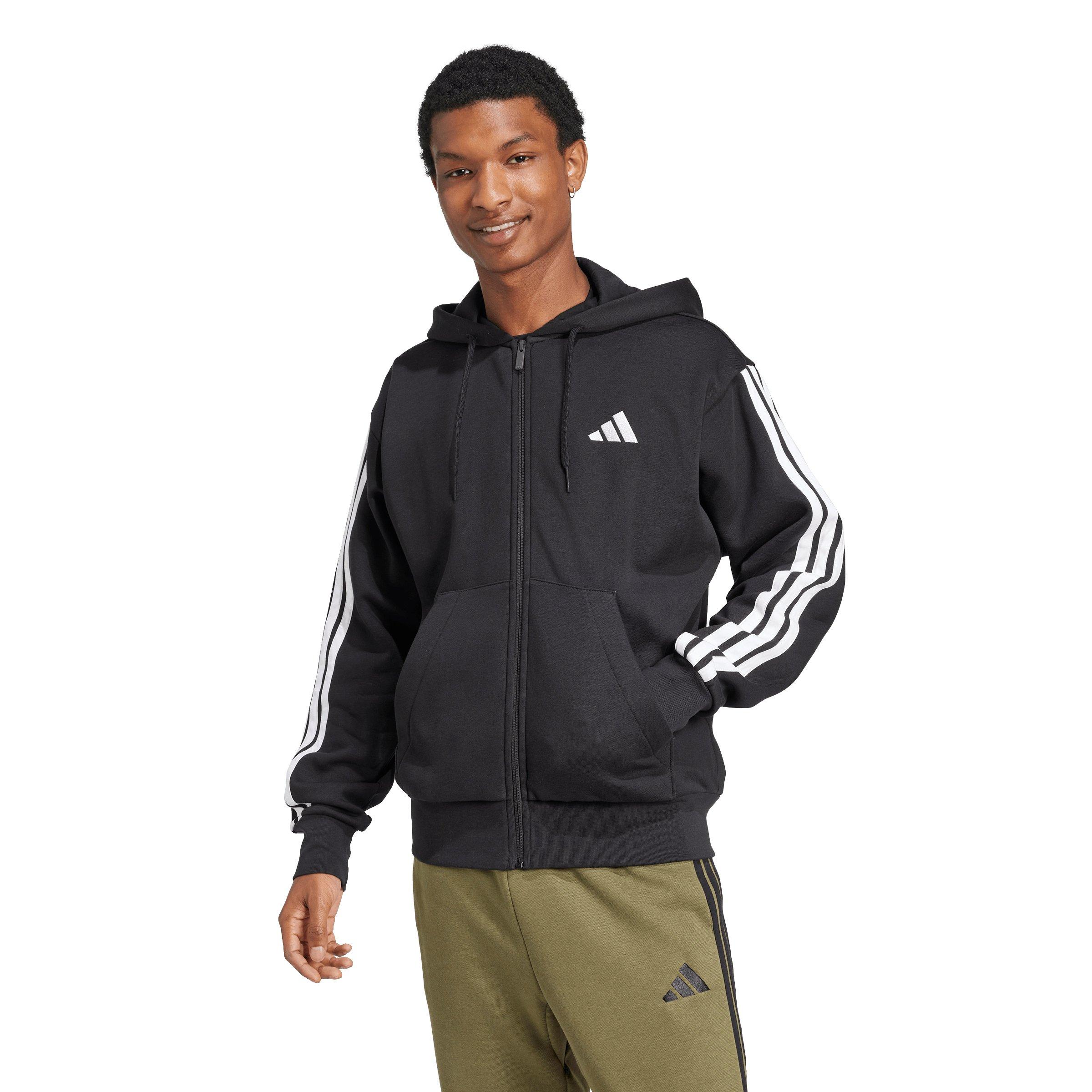 adidas Men's Essentials 3-Stripes Fleece Full-Zip Hooded Jacket - Black/White - BLACK/WHITE